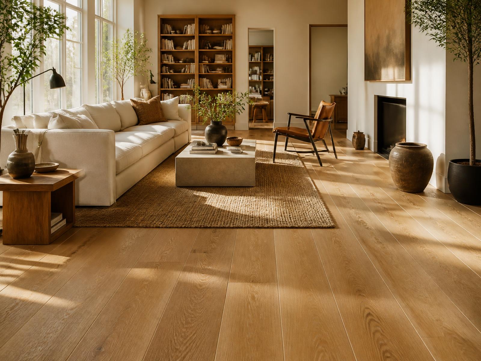 Wide plank oak flooring in a sunlit living room